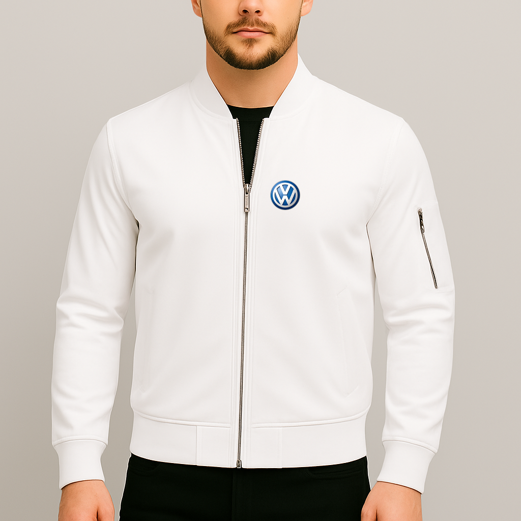 Men’s VW Volkswagen Car Lightweight Zip-Up Bomber Jacket with Ribbed Collar and Cuffs - Versatile Casual Outerwear